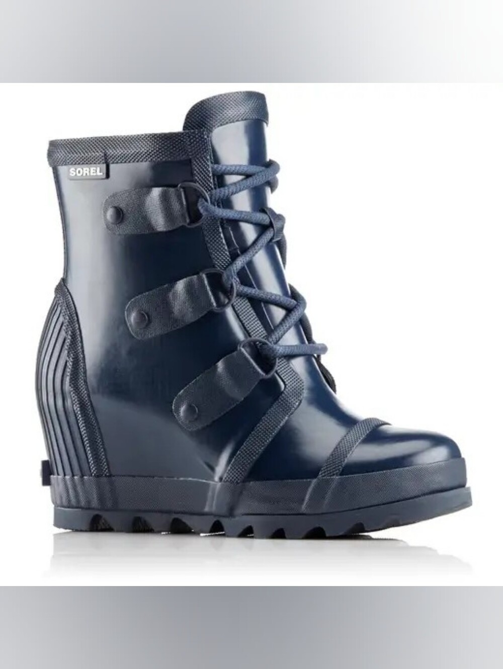 Sorel Joan Rain Navy Blue Lace Up Glossy Wedge Waterproof Rain Boots Size 8